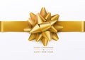 Christmas background. White gift box with golden bow and horizontal ribbon