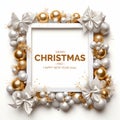 Christmas background with white and gold baubles, bows and ribbons. Vector illustration Royalty Free Stock Photo