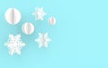 Christmas background with white paper snowflakes and ball. Winter decoration. Xmas and new year paper art style greeting card, 3d Royalty Free Stock Photo