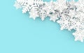 Christmas background with white paper snowflakes. Winter decoration. Xmas and new year paper art style greeting card, 3d render Royalty Free Stock Photo