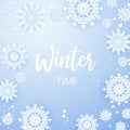 Christmas background, white snowflakes on grey.Square frame with decoration. Winter template design for posters, flyers Royalty Free Stock Photo