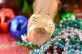 Christmas background with wine bottle and pearls Royalty Free Stock Photo