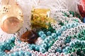 Christmas background with wine bottle and pearls Royalty Free Stock Photo