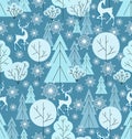 Christmas background. Winter forest, deers. Snowflakes.