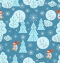 Christmas background. Winter forest, snowmans runs skiing.  Snowflakes. Royalty Free Stock Photo