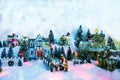 Christmas background of winter miniature scenery with kids