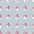Christmas background. Winter seamless pattern with cute snowmen, fir trees and snowflakes Royalty Free Stock Photo