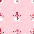 Christmas background. Winter seamless pattern with cute snowmen, fir trees and snowflakes Royalty Free Stock Photo