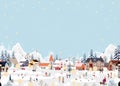 Christmas Background,Winter Village landscape People Celebrating on Christmas,New Year 2024 City Night Sky with Snow people Royalty Free Stock Photo