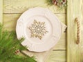 Christmas background. Wooden tray with rough rope handle set wit