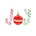 Christmas background with word Joy, made with candy canes and red glass bauble ornament Royalty Free Stock Photo