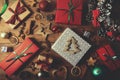 christmas background - wrapped gifts and decorations on wooden table Royalty Free Stock Photo