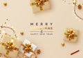 Christmas Background. Xmas design of sparkling lights garland, with realistic gifts box, glitter gold confetti. Happy New Year Royalty Free Stock Photo
