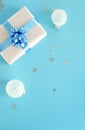 Christmas background. Xmas or new year white silver blue color decorations on blue  background with empty copy space for text. Royalty Free Stock Photo