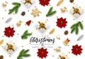 Christmas Background. Xmas objects viewed from above. Text Merry Christmas and happy New Year. Festive realistic decorative design
