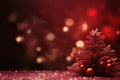 Christmas background with xmas tree and sparkle bokeh lights on red canvas background. Merry christmas card. Winter holiday theme Royalty Free Stock Photo