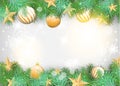 Christmas background with yellow ornaments and branches Royalty Free Stock Photo