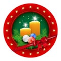 Christmas badge with candle, balls, spruce and bow