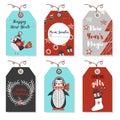 Christmas badges with animals bird, penguin. New Year and Christmas cards. Stylish tags with Christ