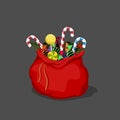 Christmas bag with candies. Santa`s bagful with caramel and lollipop. Red sack in cartoon style