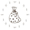 Christmas bag doodle. Simple hand drawn gift bag, bagful with stars, isolated on white. Vector illustration. Winter