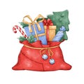 Christmas bag with gifts. Santa Claus sack. Bright new year illustration.