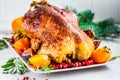 Christmas baked duck with herbs and fruits on gray plate, white background