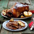 The Christmas baked goose with apples Royalty Free Stock Photo