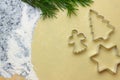 Christmas bakery cookie dough and angel cutter. Top view christmas biscuit dough with copy space for text. Christmas background