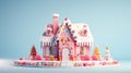 Christmas bakery. Festive traditional cookies. Gingerbread biscuit figure house with white icing isolated on blue pastel. 3d style