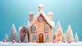 Christmas bakery. Festive traditional cookies. Gingerbread biscuit figure house with white icing isolated on blue pastel. 3d style Royalty Free Stock Photo