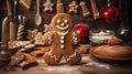 Christmas bakery. Gingerbread man cookie with kitchen tools and gingerbread dough