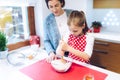 Christmas bakery. Mother and daughter making gingerbread, preparing eggs, flour and honey for gingerbread dough. Royalty Free Stock Photo