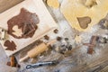 Christmas baking, all on the table: pasta, cake form, meal, providing wood, spices