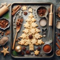 Christmas baking background with fir tree made from kitchen utensils, cookies, spices, cinnamon sticks, anise stars Royalty Free Stock Photo