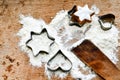 Christmas baking background with flour, cookie cutter Royalty Free Stock Photo