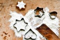 Christmas baking background with flour, cookie cutter Royalty Free Stock Photo