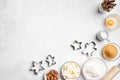 Christmas baking background with baking ingredients and cookie cutters Royalty Free Stock Photo