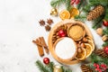 Christmas baking background with spices on white. Royalty Free Stock Photo