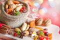 Christmas baking concept with nuts and dried fruits in the kitchen Royalty Free Stock Photo