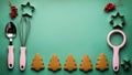 Christmas Baking Flat Lay: Gingerbread Trees, Cookie Cutters, and Utensils Royalty Free Stock Photo