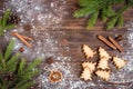 Christmas baking of ginger cookies on dark wooden background with fir branches