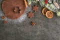 Christmas baking gingerbread with cutters and ingredients, traditional christmas background from above