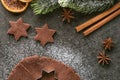 Christmas baking gingerbread with cutters and ingredients, traditional christmas background from above