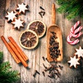 Christmas baking setting with gingerbread cookies and spices Royalty Free Stock Photo