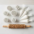 Christmas Baking Tools: Rolling Pin, Stamps, and Piping Bags Royalty Free Stock Photo