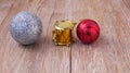 Christmas bal on wooden floor for  christmas background Royalty Free Stock Photo