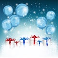 Christmas ornaments with snow flexes on winter background