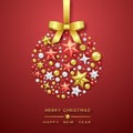 Christmas ball background with Shining stars, bow and colorful balls. Merry Christmas card illustration on red background Royalty Free Stock Photo