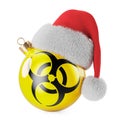 Christmas ball with biohazard flag and Santa Claus hat. 3D rendering